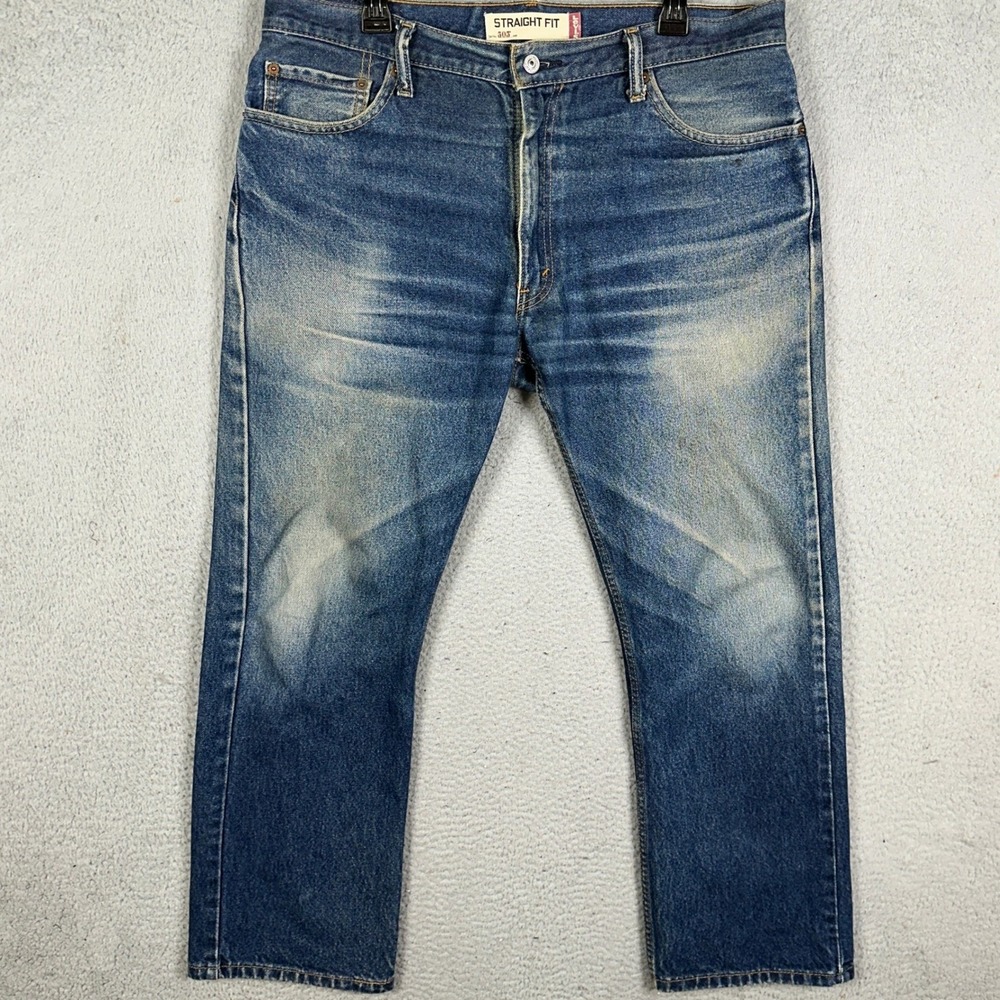 Levi 505 Jeans Mens 36X30 Blue Straight Fit Distressed 5 Pocket Red Tab Denim